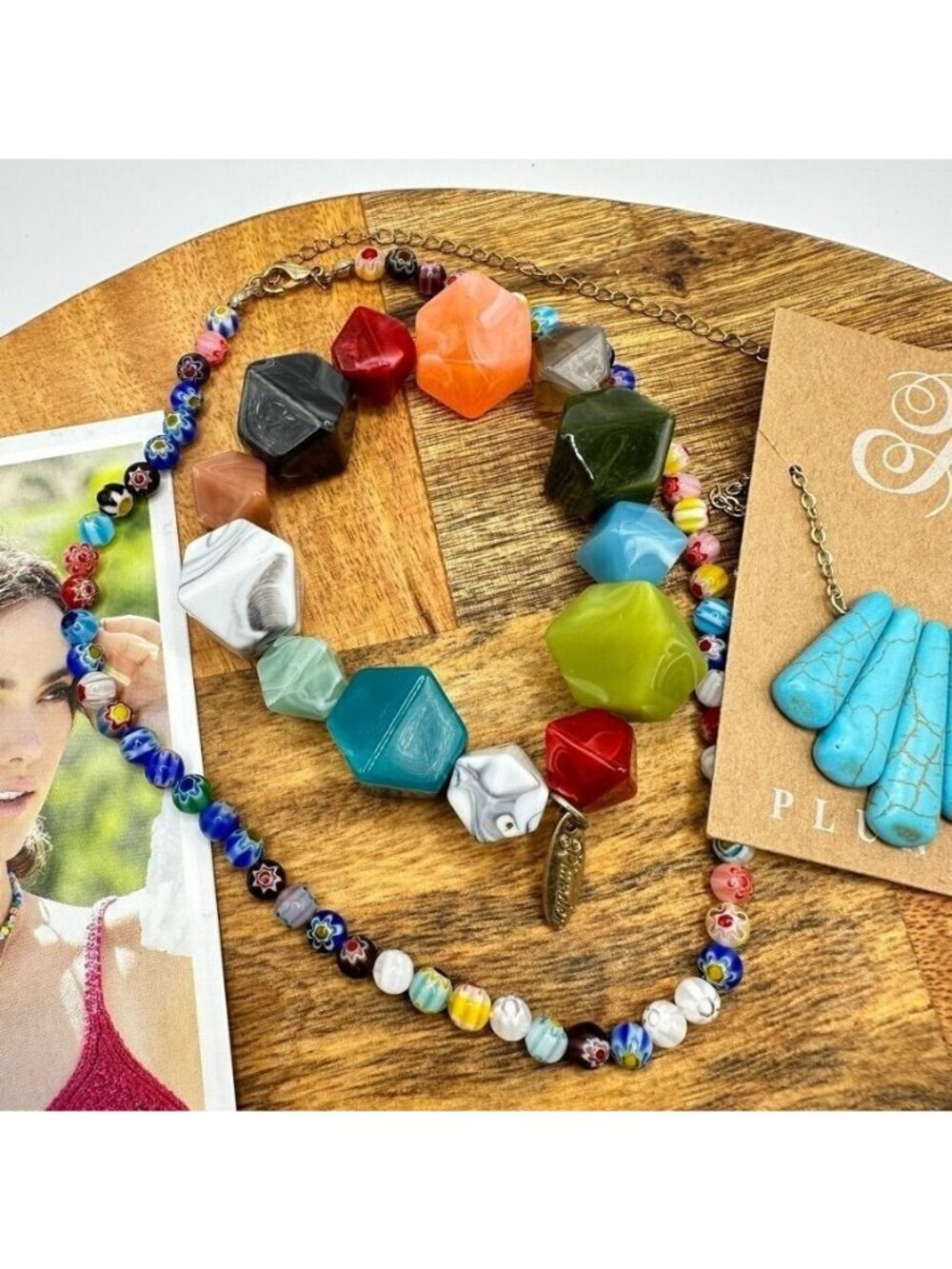 Plunder Posse August Jewelry Set Colorful Beaded Necklace Turquoise Pendant New